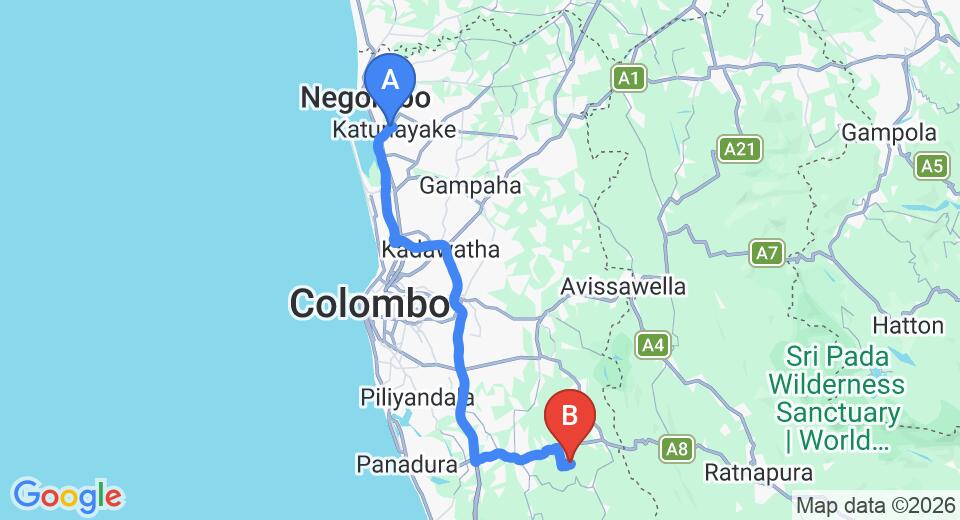 Driving route map: Colombo Airport (CMB) to God Paradise Nature Resort, Ingiriya (82 km, approx 1 h 37 min private transfer)