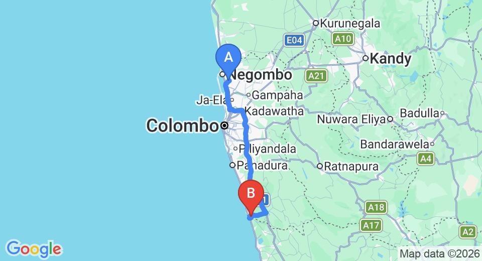 Driving route map: Colombo Airport (CMB) to Hotel Lagoon, Bentota (109 km, approx 1 h 44 min private transfer)