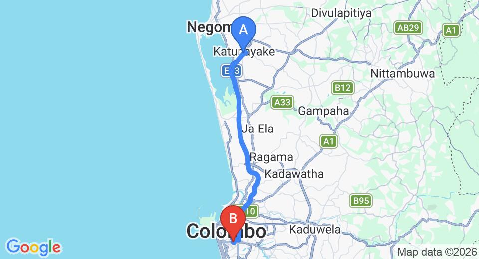 Driving route map: Colombo Airport (CMB) to Horton Place, Colombo (34 km, approx 45 min private transfer)