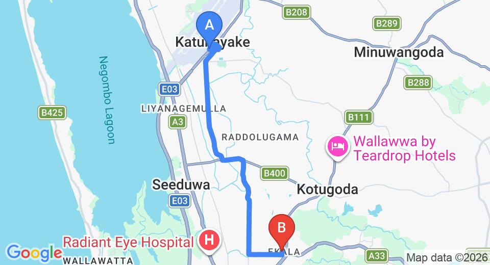 Driving route map: Colombo Airport (CMB) to Ekala Retreat, Ja Ela (11 km, approx 26 min private transfer)