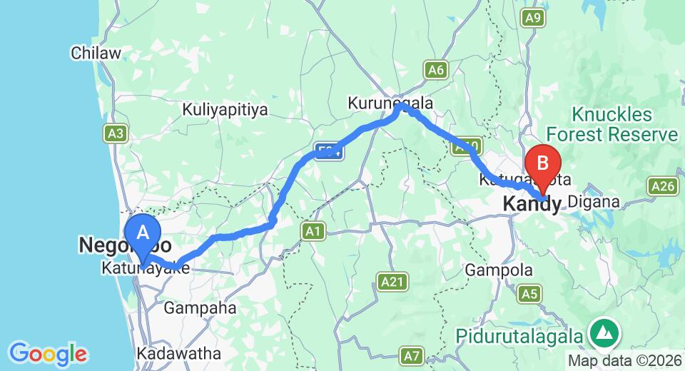 Driving route map: Colombo Airport (CMB) to Grand Kandy Villa, Kandy (115 km, approx 2 h 51 min private transfer)