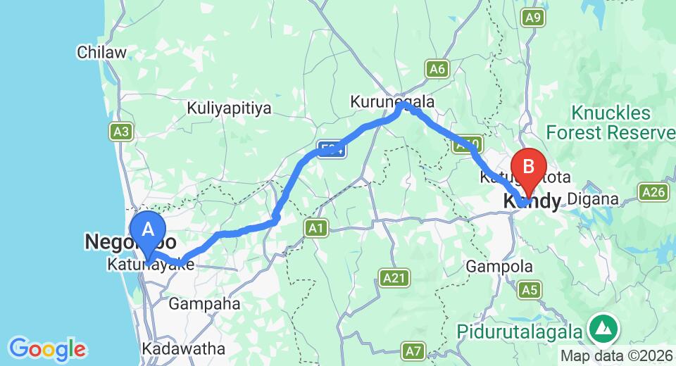 Driving route map: Colombo Airport (CMB) to Amaara Sky Hotel, Kandy (113 km, approx 2 h 49 min private transfer)