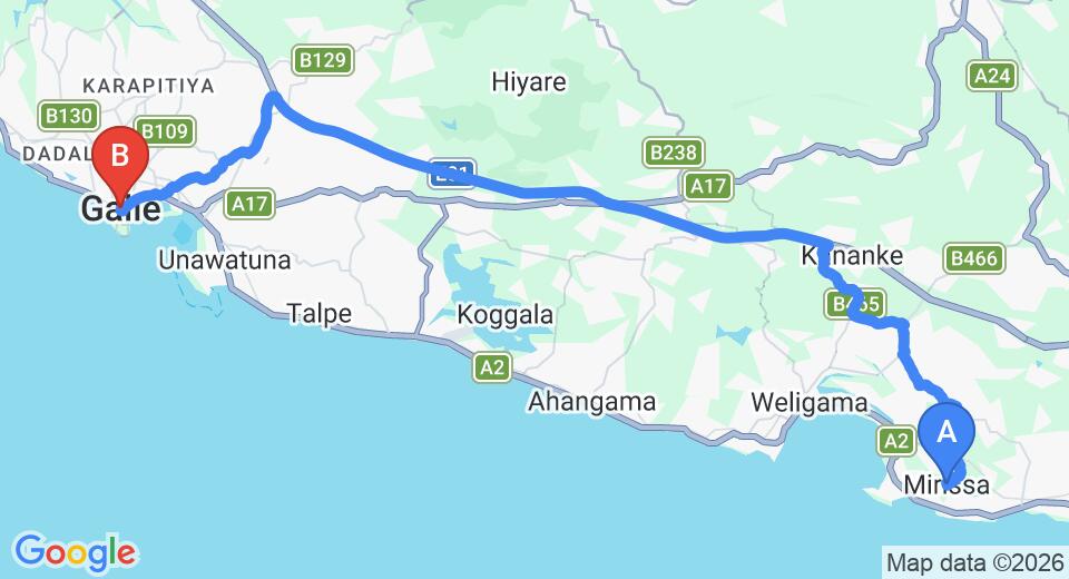 Driving route map: Mirissa to Galle (41 km, approx 58 min private transfer)