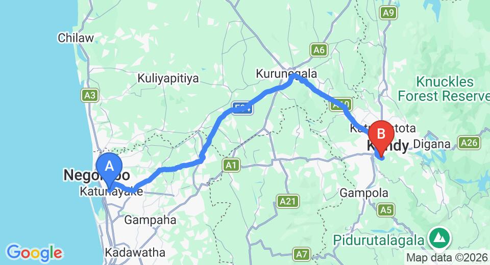 Driving route map: Colombo Airport (CMB) to Pine Crest Resort, Kandy (116 km, approx 2 h 56 min private transfer)