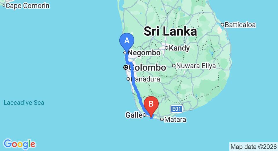 Driving route map: Colombo Airport (CMB) to South Point Villa, Ahangama (165 km, approx 2 h 20 min private transfer)