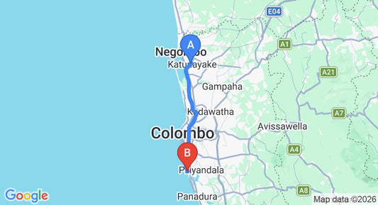 Driving route map: Colombo Airport (CMB) to Angulana (47 km, approx 1 h 21 min private transfer)