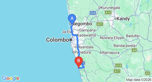 Driving route map: Colombo Airport (CMB) to Aluthgama (106 km, approx 1 h 38 min private transfer)