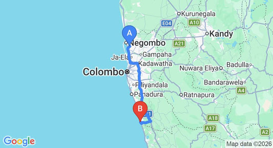 Driving route map: Colombo Airport (CMB) to Lanka Princess Hotel, Aluthgama (108 km, approx 1 h 42 min private transfer)