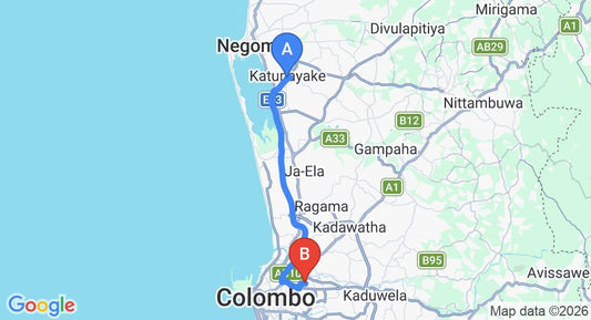 Driving route map: Colombo Airport (CMB) to Amanda Creations, Wellampitiya (33 km, approx 40 min private transfer)