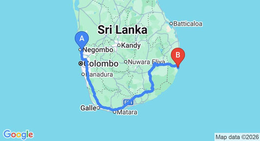 Driving route map: Colombo Airport (CMB) to Bay Vista, Arugam Bay (418 km, approx 6 h 26 min private transfer)