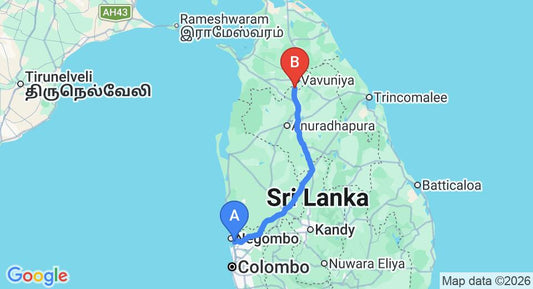 Driving route map: Colombo Airport (CMB) to Boo Oya Nature Resort, Medawachchiya (225 km, approx 4 h 32 min private transfer)