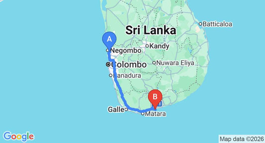 Driving route map: Colombo Airport (CMB) to Wonderful paradise stay in stunning 1BR room, Tangalle (211 km, approx 2 h 50 min private transfer)