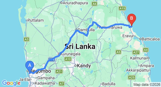 Driving route map: Colombo Airport (CMB) to Sunrisebay Passikuda, Pasikuda (266 km, approx 5 h 28 min private transfer)