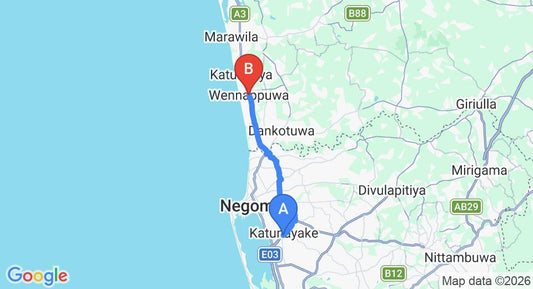 Driving route map: Colombo Airport (CMB) to Wennappuwa (24 km, approx 47 min private transfer)