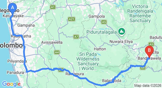 Driving route map: Colombo Airport (CMB) to Dell Holiday Home, Bandarawela (220 km, approx 5 h 23 min private transfer)