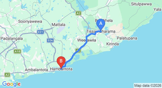 Driving route map: Tissamaharama to Hambantota (28 km, approx 35 min private transfer)