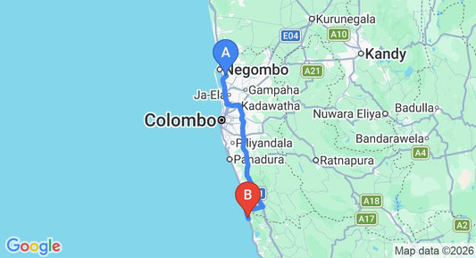 Driving route map: Colombo Airport (CMB) to Temple Tree Resort and Spa, Induruwa (112 km, approx 1 h 46 min private transfer)