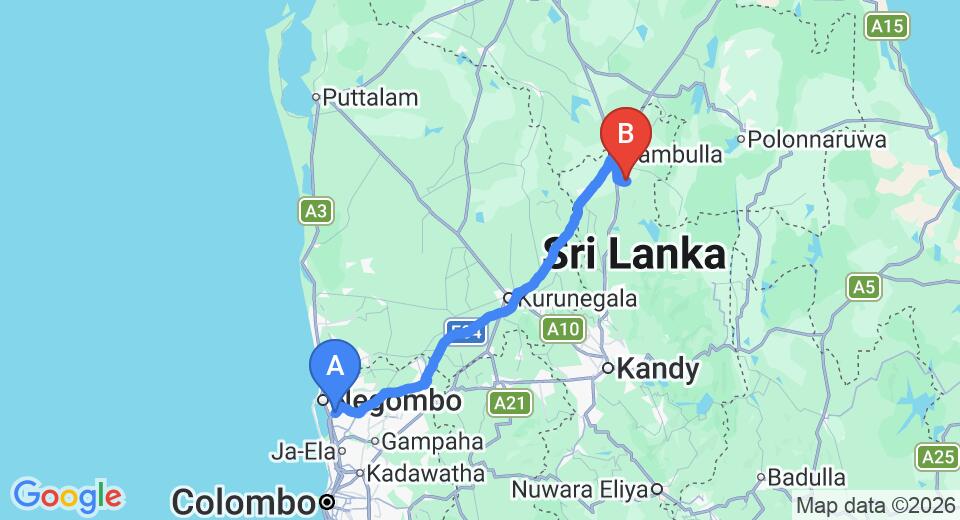 Driving route map: Colombo Airport (CMB) to Rock View, Dambulla (138 km, approx 3 h 1 min private transfer)
