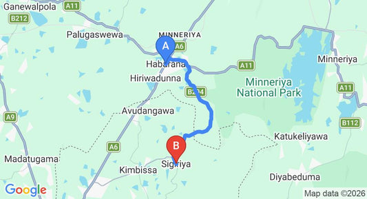 Driving route map: Habarana to Sigiriya (16 km, approx 25 min private transfer)