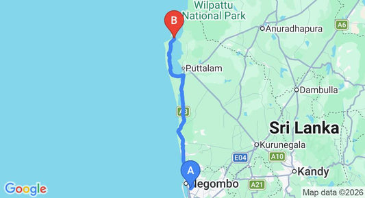 Driving route map: Colombo Airport (CMB) to Kalpitiya Lagoon House, Kalpitiya (141 km, approx 3 h 18 min private transfer)