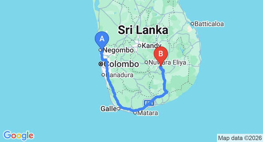 Driving route map: Colombo Airport (CMB) to Acres Resort and Spa, Ella (340 km, approx 5 h 10 min private transfer)