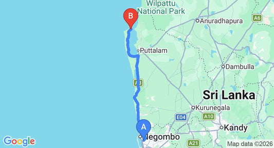 Driving route map: Colombo Airport (CMB) to Citrus Kalpitiya, Kalpitiya (140 km, approx 3 h 17 min private transfer)