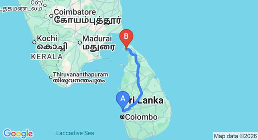 Driving route map: Colombo Airport (CMB) to Green Grass Hotel, Jaffna (373 km, approx 7 h 16 min private transfer)