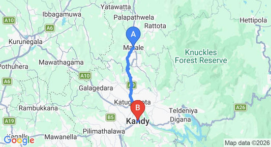 Driving route map: Matale to Kandy (25 km, approx 56 min private transfer)