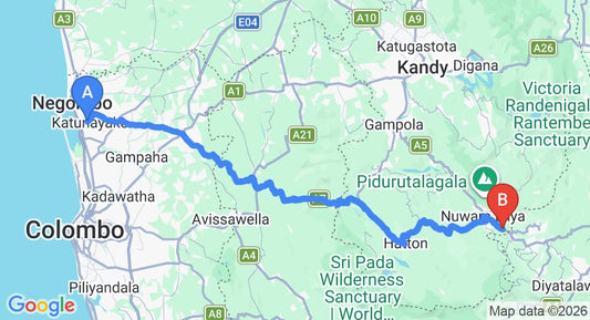 Driving route map: Colombo Airport (CMB) to Cool Feel Rest, Nuwara Eliya (159 km, approx 4 h 53 min private transfer)