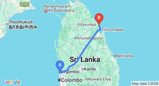 Driving route map: Colombo Airport (CMB) to Nilaveli Beach Resort, Trincomalee (251 km, approx 5 h 10 min private transfer)
