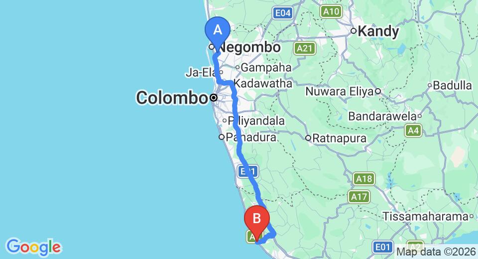Driving route map: Colombo Airport (CMB) to Villa Tara, Hikkaduwa (143 km, approx 2 h 7 min private transfer)