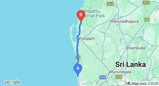 Driving route map: Marawila to Wilpattu (105 km, approx 2 h 20 min private transfer)