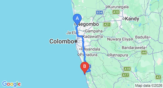 Driving route map: Colombo Airport (CMB) to Sign of Life Resort, Induruwa (111 km, approx 1 h 45 min private transfer)