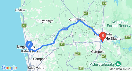 Driving route map: Colombo Airport (CMB) to Amaya Hills Kandy, Kandy (116 km, approx 2 h 58 min private transfer)
