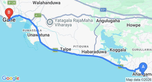 Driving route map: Ahangama to Galle (20 km, approx 40 min private transfer)