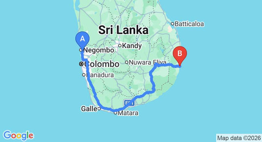 Driving route map: Colombo Airport (CMB) to Jetwing Pottuvil Point, Arugam Bay (416 km, approx 6 h 24 min private transfer)