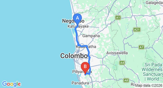 Driving route map: Colombo Airport (CMB) to Kesbewa (60 km, approx 1 h 2 min private transfer)
