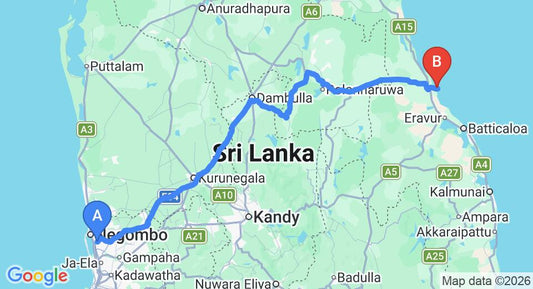 Driving route map: Colombo Airport (CMB) to Sunrise by Jetwing, Pasikuda (267 km, approx 5 h 28 min private transfer)