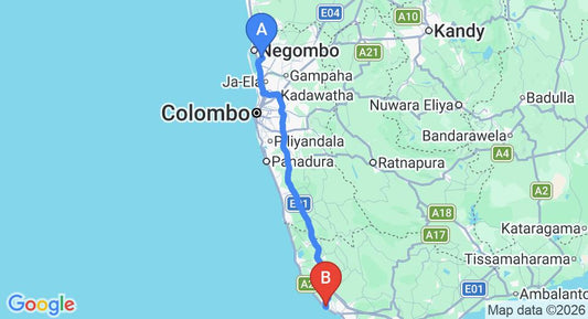 Driving route map: Colombo Airport (CMB) to Villa Golden, Galle (145 km, approx 2 h 13 min private transfer)