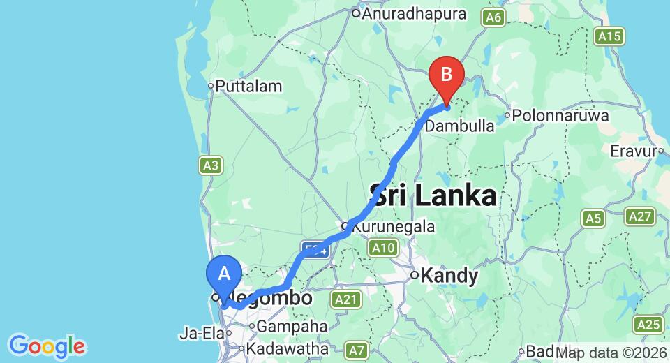Driving route map: Colombo Airport (CMB) to Elephant Gate, Sigiriya (146 km, approx 3 h 13 min private transfer)