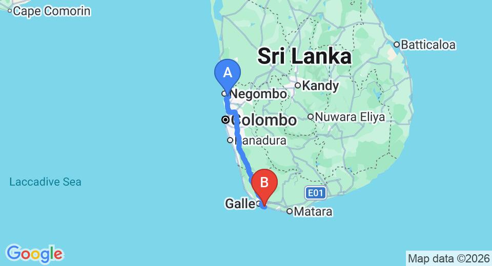 Driving route map: Colombo Airport (CMB) to Apa Villa, Talpe (156 km, approx 2 h 13 min private transfer)