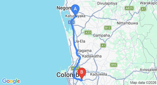 Driving route map: Colombo Airport (CMB) to Waters Edge, Battaramulla (37 km, approx 51 min private transfer)