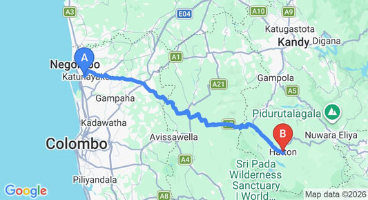 Driving route map: Colombo Airport (CMB) to Villa Serenity, Hatton (116 km, approx 3 h 36 min private transfer)