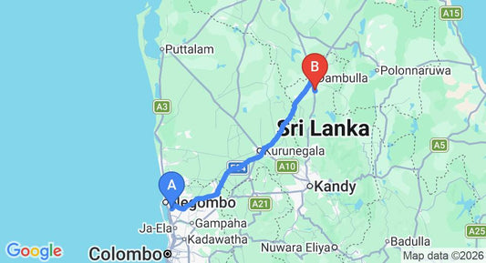 Driving route map: Colombo Airport (CMB) to Elephant Stables Dambulla, Dambulla (135 km, approx 2 h 57 min private transfer)