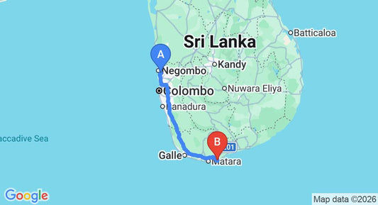 Driving route map: Colombo Airport (CMB) to UTMT Resort (PVT) Ltd, Dikwella (197 km, approx 2 h 46 min private transfer)