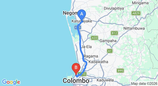 Driving route map: Colombo Airport (CMB) to Colombo 13 (32 km, approx 40 min private transfer)