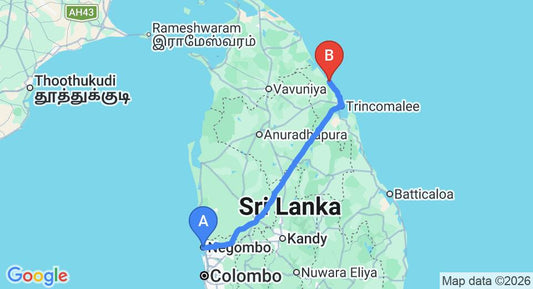 Driving route map: Negombo to Kuchchaveli (268 km, approx 5 h 25 min private transfer)