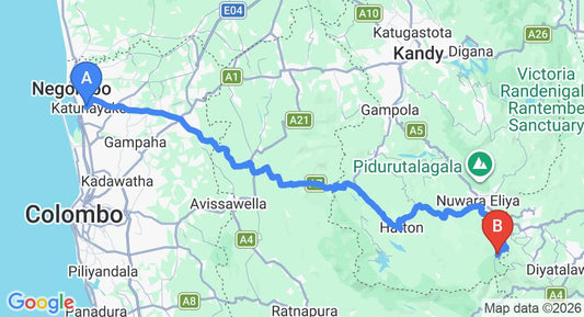 Driving route map: Colombo Airport (CMB) to Horton Plains (173 km, approx 5 h 31 min private transfer)