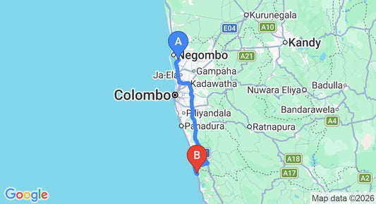 Driving route map: Colombo Airport (CMB) to Oruwa Ayurvedic Hideaway, Induruwa (114 km, approx 1 h 51 min private transfer)