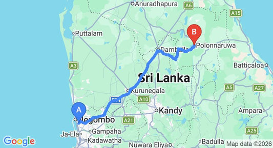 Driving route map: Colombo Airport (CMB) to Windsor Park, Polonnaruwa (192 km, approx 4 h 7 min private transfer)